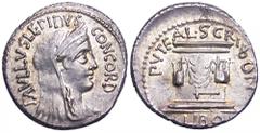 L. Aemilius Lepidus Paullus and L. Scribonius Libo AR Denarius. Rome, 62 BC. Veiled and diademed bust of Concordia right; PAVLLVS LEPIDVS CONCORD around / Puteal Scribonianum, garlanded, ornamented wi