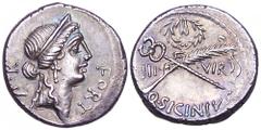Q. Sicinius AR Denarius. Rome, 49 BC. Diademed bust of Fortuna right; FORT P•R• around / Caduceus and palm in saltire; III•VIR across fields; laurel wreath above; Q•SICINIVS below. Sydenham 938. 4.02g