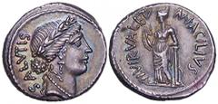 Man. Acilius Glabrio AR Denarius. Rome, 49 BC. Bust of Salus right; SALVTIS behind / Valetudo standing left holding serpent; MN ACILIVS III VIR VALETV around. Sydenham 922; Crawford 442/1a. 4.06g, 19m