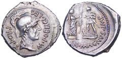 Cn. Pompeius Magnus and M. Poblicius AR Denarius. Spanish mint, 46-45 BC. Helmeted bust of Roma right; M•POBLICI•LEG PRO•PR around / Hispania standing right, with shield slung on back, holding two spe