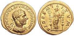 Macrinus AV Aureus. Rome, 217-218 AD. IMP CAES M OPEL SEV MACRINVS AVG, laureate and cuirassed bust right, short beard / FIDES MILITVM, Fides standing facing, head right, right foot on helmet, holding