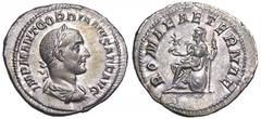 Gordian I Africanus AR Denarius. Rome, March-April 238 AD. IMP M AND GORDIANVS AFR AVG, laureate, draped and cuirassed bust right, seen from behind. / ROMAE AETERNAE, Roma seated left on shield, holdi