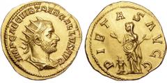 Trebonianus Gallus AV Binio (Double Aureus). Rome, 251-253 AD. IMP CAE C VIB TREB GALLVS AVG, radiate, draped bust right / PIETAS AVGG, Pietas, veiled, standing left, raising both hands, altar to left