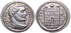 Galerius, as Caesar, AR Argenteus. Antioch, 296 AD. MAXIMIANVS CAESAR, laureate bust right / VIRTVS MILITVM, three-turreted camp gate, arch open, no doors, H in right field; ANT in exergue. RIC -; cf.