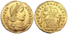 Constantius II AV Solidus. Constantinople, 337-340. D N CONSTANTIVS AVG, Rosette diademed, draped and cuirassed bust right / VICTORIA CONSTANTI AVG, Victory seated right on cuirass holding shield, sup