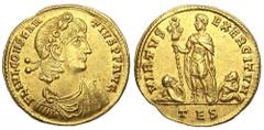 Constantius II AV Solidus. Thessalonica, 337-340 AD. FL IVL CONSTANTIVS P F AVG. Laureate, draped, and cuirassed bust right / VIRTVS EXERCITVM, Emperor standing left in military attire and holding sta