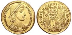 Constantius II AV Solidus. Antioch, 347-350 AD. FL IVL CONSTANTIVS PERP AVG, diademed, cuirassed and draped bust right / GLORIA REIPVBLICAE, Roma and Constantinopolis supporting round shield, on which