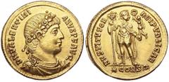 Valentinian I AV Solidus. Constantinople, 367-375 AD. DN VALENTINIANVS PF AVG, rosette diademed, draped and cuirassed bust right / RESTITVTOR REIPVBLICAE, emperor standing facing, head right, holding 
