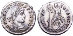 Gratian AR Miliarense. Sisica, 367-375 AD (1st officina). DN GRATIANVS PF AVG, pearl-diademed, draped, and cuirassed bust right / VIRTVS EXERCITVS, Gratian standing slightly right, head left, holding 