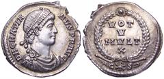 Gratian AR Siliqua. Constantinople, 367-375 AD. DN GRATIANVS PF AVG, pearl-diademed, draped and cuirassed bust right / VOT V MVLT X in wreath; (palm) C (Christogram) S (wreath) in exergue. RIC 36e; C.