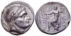 Kingdom of Macedon. Demetrios I Poliorketes AR Tetradrachm. Amphipolis, circa 291-290 BC. Diademed and horned head of Demetrios right / Poseidon Pelagaios seated left on rock, holding aplustre and tri