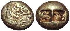 Kings of Lydia. Alyattes (610-560 BC) EL Trite - 1/3 Stater. Sardes, circa 600 BC. Lion’s head right with open jaws and protruding tongue, solar-disk above forehead, confronting open jaws of lion’s he