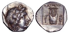 Lycia, Olympos AR Drachm. Circa 167-81 BC. Pseudo-League coinage. Laureate head of Apollo right / Kithara, OΛVΜΠΗ above, palm branch to left, trophy to right, all within shallow incuse square. Troxell