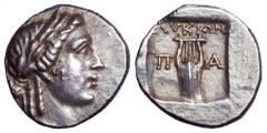 Lycia, Patara as a member of the Lycian League AR Drachm. Circa 167-81 BC. Laureate head of Apollo right / City initials Π-Α on either side of kithara, ΛVKIΩΝ above; all within shallow incuse square. 