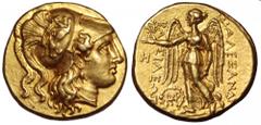 Seleukid Kingdom. Seleukos I Nikator, as satrap, AV Stater. Babylon, circa 311-305 BC. Head of Athena right, wearing triple-crested Corinthian helmet decorated with griffin / Nike alighting left, hold