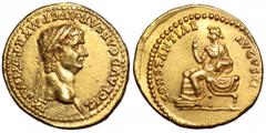 Claudius AV Aureus. Rome, AD 46-7. TI CLAVD CAESAR AVG PM TR P VI IMP XI, laureate head right / CONSTANTIAE AVGVSTI, Constantia seated facing left, on curule chair, feet on stool, right hand raised to