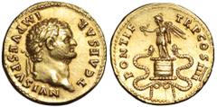 Titus, as Caesar, AV Aureus. Rome, AD 75. T CAESAR IMP VESAPASIAN, laureate head right / PONTIF TR P COS IIII, Victory standing facing left, holding wreath in outstretched right hand and branch in lef