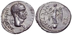 Galba AR Denarius. Possibly Narbo, AD 68. SER GALBA IMPERATOR, laureate head right / VICTORIA P R, Victory, draped, standing on globe facing, head left, holding wreath in right hand and palm branch in