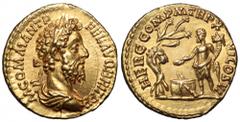 Commodus AV Aureus. Rome, AD 190-1. M COM MANT P FEL AVG BRIT P P, laureate, draped bust right / HERC COM P M TR P XVI COS VI, Commodus, as Hercules, standing left, sacrificing with patera in right ha