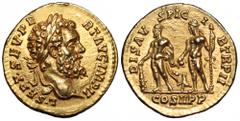 Septimius Severus AV Aureus. Rome, AD 194. L SEPT SEV PERT AVG IMP II, laureate head right / DIS AVSPICIB TR P COS II P P, Hercules on left, standing left, holding club and with lion’s skin draped ove