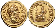 Septimius Severus AV Aureus. Rome, AD 207. SEVERVS PIVS AVG, laureate head right / RESTITVTOR VRBIS, Roma seated left, holding Victory and sceptre, shield behind. RIC 288; Cohen 605; Calico 2529; BMC 