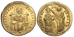 Romanus III AV Histamenon Nomisma. Constantinople, AD 1028-34. + IhS XIS RЄX RЄGNANTInM, Christ enthroned facing, wearing nimbus crown, pallium and colobium, raising right hand in benediction and hold