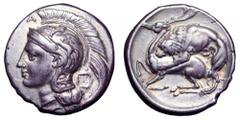 Lucania, Velia AR Didrachm. Lucania, Velia AR Didrachm. Circa 290-275 BC. Head of Athena left, wearing crested Attic helmet decorated with a griffin, A above, [Φ before]; IE on outlined tablet behind 
