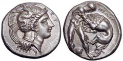 Lucania, Herakleia AR Didrachm. Lucania, Herakleia AR Didrachm. Circa 281-278 BC. Phi- and Sosi-, magistrates. Head of Athena left, wearing crested Corinthian helmet decorated with wreath; ΦΙ behind n