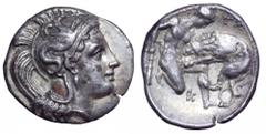 Calabria, Tarentum AR Diobol. Calabria, Tarentum AR Diobol. Circa 380-325 BC. Head of Athena right, wearing crested Attic helmet decorated with Skylla / Herakles kneeling right, strangling lion with o