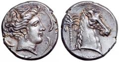 Sicily, Entella AR Tetradrachm. Sicily, Entella AR Tetradrachm. Circa 320-300 BC. Head of Tanit right, wearing wreath of grain leaves, triple-pendant earring and pearl necklace; four dolphins around /