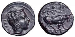 Sicily, Gela Æ Tetras. Sicily, Gela Æ Tetras. Circa 420-405 BC. Head of young river-god right, ΓΕΛΑΣ behind / Bull standing left, olive-branch above, three pellets in ex. SNG ANS 121; Jenkins 523,3; C