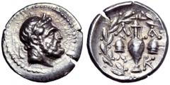 Lakonia, Lakedaimon (Sparta) AR Hemidrachm. Lakonia, Lakedaimon (Sparta) AR Hemidrachm. Circa 125-75 BC. Laureate head of Herakles right / Amphora between the pilei of the Dioskouroi, monograms above 