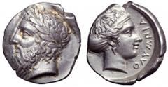Elis, Olympia AR Stater. Elis, Olympia AR Stater. 105th Olympiad. 360 BC. Head of Zeus left, wearing laurel wreath; [FAΛEION to left] / Head of the nymph Olympia right, hair in sphendone, wearing sing