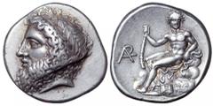 Arkadia, Arkadian League AR Stater. Arkadia, Arkadian League AR Stater. Circa 363-362 BC. Bearded, laureate head of Zeus Lykaios left / Young Pan reclining upon a rocky outcrop, his mantle spread bene