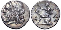 Arkadia, Arkadian League AR Triobol. Arkadia, Arkadian League AR Triobol. Megalopolis, circa 175-168 BC. Laureate head of Zeus left / Pan seated left on rock, eagle to left, monogram and ΔΛ downwards 