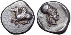Corinthia, Corinth AR Stater. Corinthia, Corinth AR Stater. Circa 480-400 BC. Pegasos flying left; Q below / Helmeted head of Athena right within incuse square. Pegasi 63 (same dies); Ravel 172; BCD C