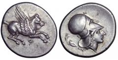 Corinthia, Corinth AR Stater. Corinthia, Corinth AR Stater. Circa 400-375 BC. Pegasos flying right; Q below / Helmeted head of Athena left; aphlaston behind. Ravel 642-4 var., (P300/R– [unlisted rev. 
