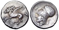 Corinthia, Corinth AR Stater. Corinthia, Corinth AR Stater. Circa 375-300 BC. Pegasos flying left, Q below / Helmeted head of Athena left; dolphin in left field, Σ in right field. Pegasi 343; BMC 386;