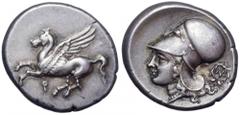 Corinthia, Corinth AR Stater. Corinthia, Corinth AR Stater. Circa 375-300 BC. Pegasos flying left, Q below / Helmeted head of Athena left; behind, N within wreath of grain ears. Pegasi 386; BCD 128; R