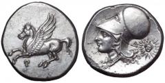 Corinthia, Corinth AR Stater. Corinthia, Corinth AR Stater. Circa 375-300 BC. Pegasos flying left, Q below / Helmeted head of Athena left; Δ and head of Helios behind. Pegasi 392-3 var. (Δ below bust)