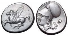 Corinthia, Corinth AR Stater. Corinthia, Corinth AR Stater. Circa 375-300 BC. Pegasos flying left, Q below / Helmeted head of Athena left; A below chin, astragalos behind. Pegasi 400; Ravel 1039. 8.59