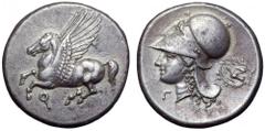 Corinthia, Corinth AR Stater. Corinthia, Corinth AR Stater. Circa 375-300 BC. Pegasos flying left, Q below / Helmeted head of Athena left; Γ below chin, dove in wreath to right. Pegasi 419; Ravel 1029
