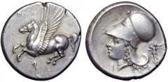 Corinthia, Corinth AR Stater. Corinthia, Corinth AR Stater. Circa 375-300 BC. Pegasos flying left, Q below / Helmeted head of Athena left, I below chin, Nike flying left behind. Pegasi 420; Ravel 1030