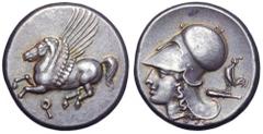 Corinthia, Corinth AR Stater. Corinthia, Corinth AR Stater. Circa 375-300 BC. Pegasos flying left, Q below / Helmeted head of Athena left, Ι below, cockerel on club behind. Pegasi 423; Ravel 1032; SNG