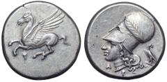 Corinthia, Corinth AR Stater. Corinthia, Corinth AR Stater. Circa 375-300 BC. Pegasos flying left, Q below / Helmeted head of Athena left, helmet decorated with laurel wreath; A-P below, eagle standin