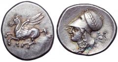 Corinthia, Corinth AR Stater. Corinthia, Corinth AR Stater. Circa 375-300 BC. Pegasos flying left, Q below / Helmeted head of Athena left, helmet decorated with laurel wreath; A-P below, aegis behind.