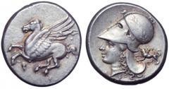 Corinthia, Corinth AR Stater. Corinthia, Corinth AR Stater. Circa 375-300 BC. Pegasos flying left, Q below / Helmeted head of Athena left, helmet decorated with laurel wreath; A-P below, Chimera to le