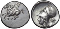 Corinthia, Corinth AR Stater. Corinthia, Corinth AR Stater. Circa 375-300 BC. Pegasos flying left, Q below / Helmeted head of Athena left, helmet decorated with laurel wreath; [A-P below], aegis behin