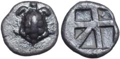 Islands off Attica, Aegina AR Hemiobol. Islands off Attica, Aegina AR Hemiobol. Circa 350-338 BC. Land tortoise with segmented shell / Incuse square of skew pattern. SNG Copenhagen 512. 0.46g, 8mm. Ne