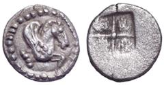 Macedon, Argilos AR Hemiobol. Macedon, Argilos AR Hemiobol. Circa 470-460 BC. Forepart of Pegasos right within border of dots / Quadripartite incuse square. Liampi, Argilos period VI, 122-127; SNG ANS